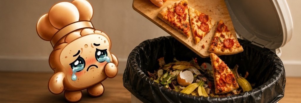 Solda şef şapkalı üzgün Lokma maskotu; sağda pizza dilimleri tahtadan çöp kutusuna kayıyor — gıda israfı